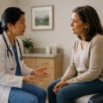 Healthcare provider and patient having an open conversation about medical cannabis in a clinical setting.